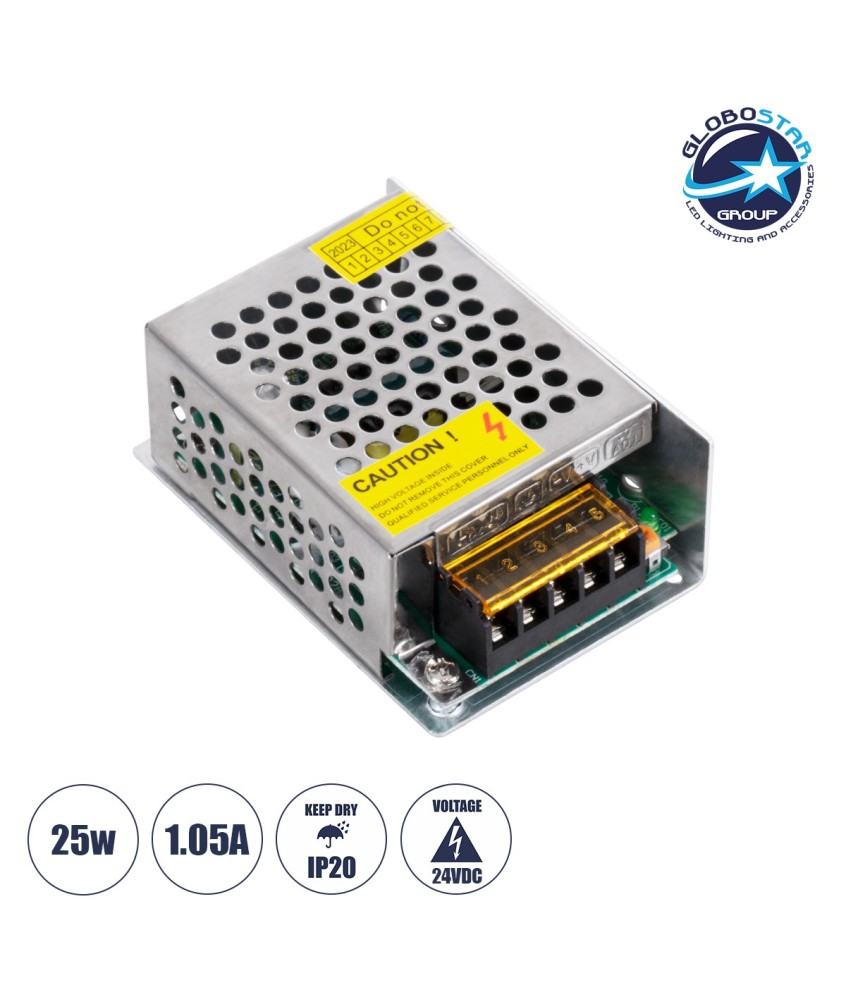 GLOBOSTAR® LUMIVOLT 73041 Τροφοδοτικό-Μετασχηματιστής PELV 25W 1.05A DC 24V IP20 - AC 220-240V σε DC 24V - Ρυθμιζόμενo από DC 22.5V έως DC 25.5V - Μ8.7 x Π5.8 x Υ3.4cm - 3 Χρόνια Εγγύηση